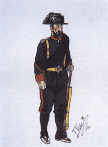 Cabo en uniforme de campaña con alpargatas, año 1874